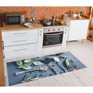rugsx Läufer Antirutsch Andre- Waschbar - Rutschfester Teppich für Flur & Küche - Löffel - Blau 80x200 cm