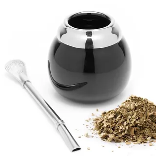 balibetov Keramik Yerba Mate Tee Set (Mate Becher - 200 ml) | Inklusive 1 Bombilla (Strohhalm) für Mate | Mate Set Leicht zu Reinigen und Sehr Widerstandsfähig (Schwarz)