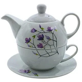 Dekohelden24 Teekanne Teekannen in verschiedenen Varianten, (Tea-for-One), Floral, kompaktes Set, dekorativ und funktional lila|weiß
