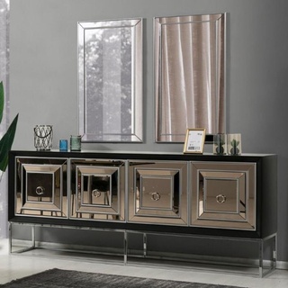 Casa Padrino Luxus Sideboard mit 4 verspiegelten Türen Schwarz / Silber 208 x 49 x H. 88 cm - Luxus Wohnzimmer Möbel