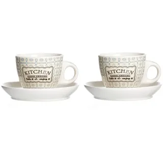 Ritzenhoff & Breker Tasse 2er Set Espressotassen + Untertassen 80ml Creme/Blau Retro Kitchen, Porzellan