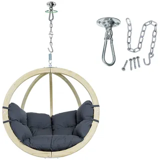 AMAZONAS Globo Chair Set - FSC-zertifizierter Premium Hängesessel mit Wetterfestem Kissen & Power Hook Deckenhaken | In- und Outdoor | Belastbar bis 120 kg (Anthracite)