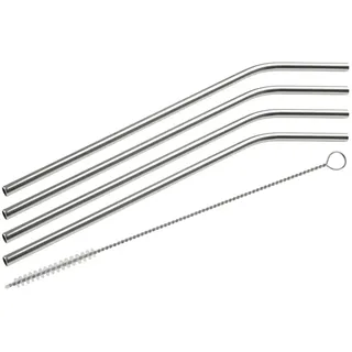 Fackelmann Edelstahl Trinkhlame gebogen Ø 6 mm mit Reinigungsbürste, wiederverwendbare Strohhalme für jeden Anlass, umweltfreundliche Trinkröhrchen (Farbe: Silber), Menge 4 Halme + 1 Bürste, 24 cm