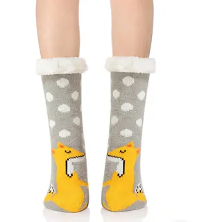 WOTENCE Hausschuhe Socken Damen Wollsocken Wintersocken Soft Warm Niedlichen Tier Winter Anti-Rutsch Socken Damen Thermosocken(Fuchs Grau)... - Einheitsgröße