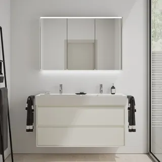 burgbad Devio Keramik-Waschtisch mit Unterschrank und LED-Spiegelschrank 120,5 cm, Doppeltür rechts, 2 Auszüge, Badmöbel,