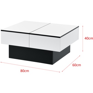 [en.casa] Couchtisch Lens mit 2 integrierten Staufächern + aufziebarer Tischplatte Schwarz/Weiß