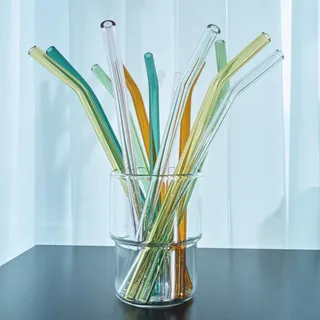 YUTRENN Gebogene Glasstrohhalme, wiederverwendbar, bunt, Sets mit 12 Strohhalmen und 2 Reinigungsbürsten, 20,3 x 0,8 cm dicker Trinkhalm für Becher, Geschenkverpackung, spülmaschinenfest, 12 Stück