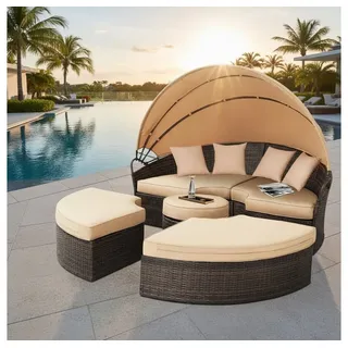 Melko Gartenlounge-Set Polyrattan Sonneninsel Tisch & Kissen 180CM Strandkorb Set, (Stück), Wasserabweisend braun