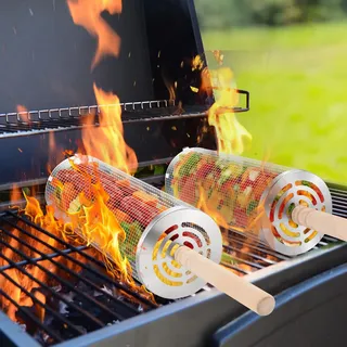 Landrip Nestbar Rollender Grillkorb,Grillkorb Edelstahl Abnehmbarer Holzgriff,Outdoor Grillkorb Gemüse, Garten Camping Gadgets für Gasgrill,Geschenke Geburtstagsgeschenk für Männer Papa