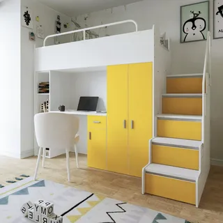 Marlux-Meble Hochbett Kinderbett JSM-4 80x190 mit Kleiderschrank Schreibtisch und Treppe Matt Kinderbetten Funktionsbett Etagenbett Stockbett Kinderhochbett Jugendhochbett (Gelb Matt)