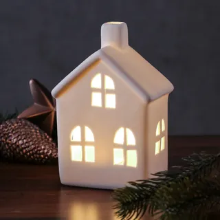 LED Haus - Porzellan - warmwei√üe LED - H: 15,6cm - inkl. Batterie - f√or Innen - wei√ü
