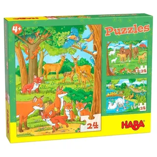 HABA 305468 - Puzzles Tierfamilien, Puzzle-Box mit 3 Tier-Motiven für Kinder ab 4 Jahren, Kinderpuzzles mit je 24 Teilen, zur Förderung der Feinmotorik und Auge-Hand-Koordination