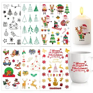 BOFUNX 6pcs Kerzen Tattoofolie Weihnachten Kerzentattoos Folie Frohe Weihnachten DIY Kerzensticker für Adventskerzen und Keramik