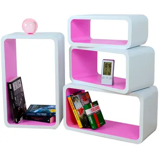 Cube Verstärkte Vielen Farben MDF Retro Design 4er Set Regal Regale Wandregal Deko Würfel CD DVD Lounge LO01 (Weiß/Rosa)
