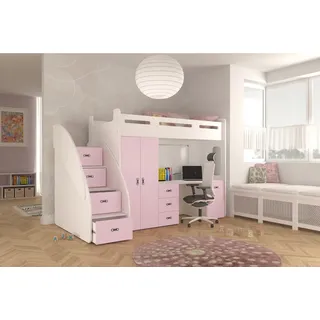 thematys Etagenbett 80x200cm mit Treppe, Schrank und Schreibtisch Hochglanz (für Jungen und Mädchen, Jugendbett, Kleiderschrank, Kinderzimmer, 3 in 1, 180cm x 130cm x 259cm) rosa