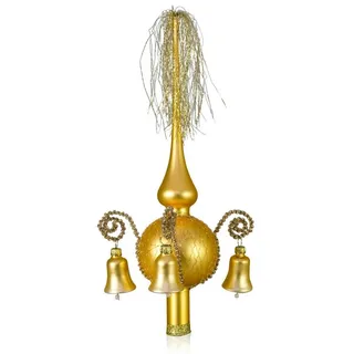 Lauschaer Glas Christbaumspitze Weihnachtsbaumspitze mit klingenden Glöckchen, mit Leonischem Draht, mundgeblasen, handdekoriert, handbemalt, in Lauscha hergestellt gelb