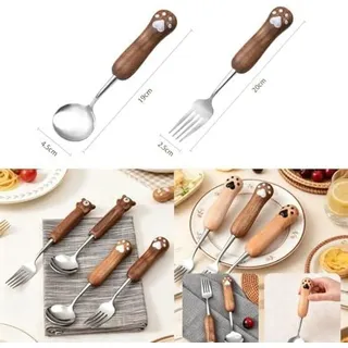 2-teiliges niedliches Besteckset mit Cartoon-Holzgriffen aus Edelstahl: Löffel und Gabel mit Walnuss- und Ahornholzgriffen, Bär mit Walnussgriff