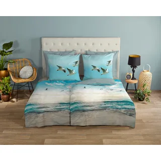 Wendebettwäsche GOOD MORNING "Brisa", blau (aqua), B/L: 135cm x 200cm, 1 Stk., 1 Stk., Renforcé, B/L: 80cm x 80cm, 2 Stk., Renforcé, Obermaterial: 100% Baumwolle, Bettwäsche, Wendebettwäsche, 100% Baumwolle, Renforcé, Reißverschluss, Wendeoptik, Strand, Aqua