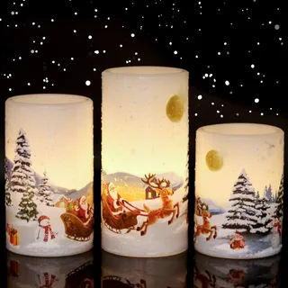 Eldnacele flammenlose Weihnachtskerzen mit Timer, LED flackernde batteriebetriebene Stumpenkerzen mit 6H Timer und Santa SchneemannAufkleber, Festival Winter Party Dekoration Set von 3 (D 7,6 cm x H
