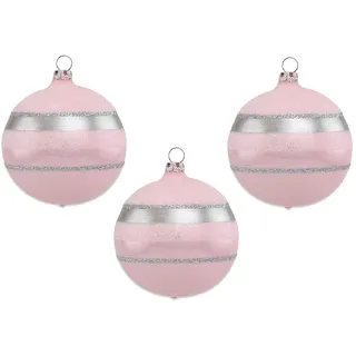 Thüringer Glasdesign Weihnachtsbaumkugel Ø 8 cm - Glitterstreifen Rosa Opal (3 St), aus Glas rosa