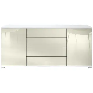 Vladon Sideboard Faro V2 (Kommode mit 2 Türen & 4 Schubladen, Schrank mit LED Lichtleiste), Weiß matt / Creme Hochglanz (166,5 x 75,5 x 35) gelb