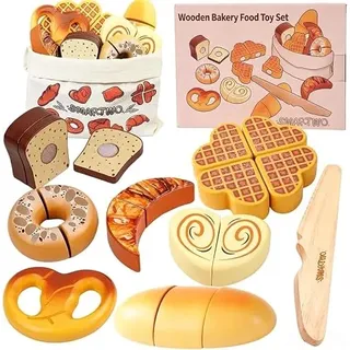 Smartwo Holz Lebensmittel Kinderküche Zubehör für Spielküche und Kaufladen, Brot Holzspielzeug zum Schneiden, Bäckerei Küchenzubehör für Rollenspiele, Geschenk für Mädchen Jungen ab 3 Jahre