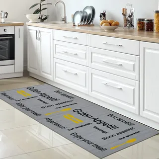 CARPETIA Küche Esszimmer Teppich Läufer Küchenläufer Küchenteppich modern grau, schwarzer & gelber Schriftzug - 80 x 300 cm