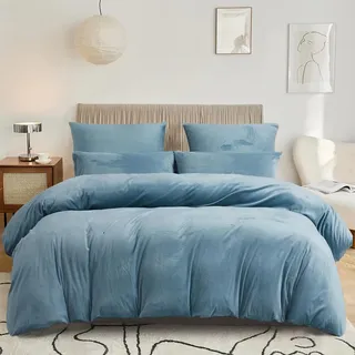 DXHOME Flauschige Bettwäsche 135x200cm Winter Blau Hellblau Plüsch Kuschelbettwäsche Warm Pastell Flanell Microfaser Bettbezug mit Reißverschluss + 1 Kissenbezug 80x80 cm