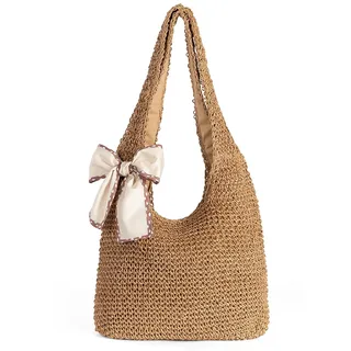 Boho Sommer Stroh Strohtasche Korbtaschen Damen Beach Geflochten Bag | Handwoven Straw, Vintage leichte faltbare mit Reißverschluss Sicherheit,Große kapazität perfekt für Pendeln, Einkaufen Urlaub - L