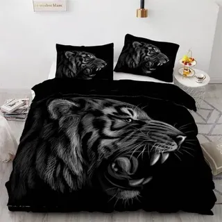 ROUSKI Bettwäsche-Set 135x200 cm 4-teilig Mikrofaser Tiger 3D Motiv mit Reißverschluss