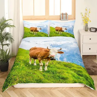Homewish Kuh Bettwäsche 155 x 220 für Kinder Jungen Mädchen Hochland Rinder Bettbezug Bauernhaus Tier Bettbezug Grasland Kühe Rustikale Bettwäsche Set mit 1 Kissenbezug, Reißverschluss
