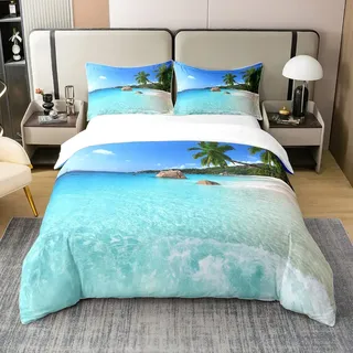 Ozean 100% Gewaschene Baumwolle Bettbezug 200x200,Palmenblätter Bedruckt Tröster Bezug,Sommer Strand Dekor Hawaiian Urlaub Stil Bettwäsche Set,Grüne Palmen Tropische Natur Meer Thema Steppdeckenbezug