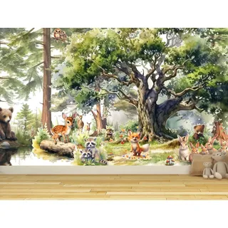 Fototapete Kinderzimmer, Wald, Waldtiere Bäume, Tapeten für Kinder Babyzimmer Vlies Tapeten wandtapete Mädchen und Jungen. Tapete nach Maß 1m2