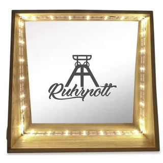 WB wohn trends Deko-Leuchte LED-Spiegel aus Holz mit Motiv, Ruhrpott Förderturm Ruhrgebiet, 24x23x8cm, Deko-Spiegel Licht LED-Lampe mit Text Spruch