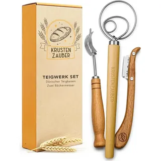 Krustenzauber Gärkorb Brot Backen Zubehör - Einzeln oder im Set - Gärkorb, Bäckermesser etc 2x Teigmesser + Dänischer Schneebesen