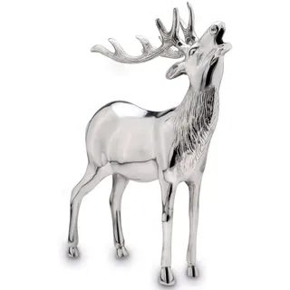Hirsch Figur Aluminium XXL röhrend silbern - stehende Hirsch Dekofigur mit Geweih - Weihnachtsdeko zum Hinstellen - edle Wohndeko & Blickfang für Sideboard, Empfang oder Hotel-Lobby Höhe 42 cm