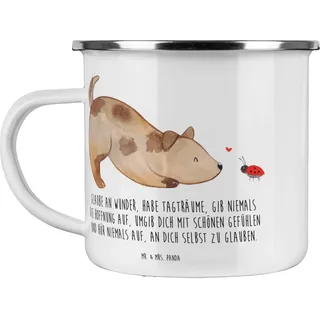 Mr. & Mrs. Panda Camping Emaille Tasse Hund Marienkäfer - Geschenk, Sprüche, verliebt, Hunde, Blechtasse Outdoor, Tierliebhaber, Mischling,