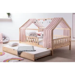 Ticaa Hausbett Kim mit Rausfallschutz und Zusatzbett aus Kiefer, Kinderbett 140x200, inkl. Tüll-Set, mit Rollrost rosa