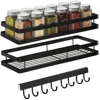 Auciej Gewürzregal Wand Ohne Bohren 2er Set mit Küchenreling Küchenregal hängend Gewürzregal Schranktür Edelstahl Duschablage für Küche Badezimmer Balkon 35 x 12 x 5,7 cm, Schwarz