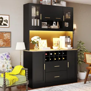 Merax Küchenschrank Buffetschrank mit LED & Steckdose, Sideboard Hochschrank mit Arbeitsplatte, 6 Türen, 2 Schubladen, Weinschrank, Vorratsschrank Anrichte für Kaffeebar Wohnzimmer Esszimmer, Schwarz