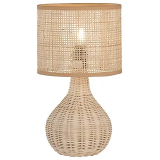 FISCHER & HONSEL LED Nachttischlampe, LED wechselbar, Warmweiß, Holzfuß & Designer Lampenschirm Korb-Geflecht Landhaus-Stil, Höhe 37cm beige