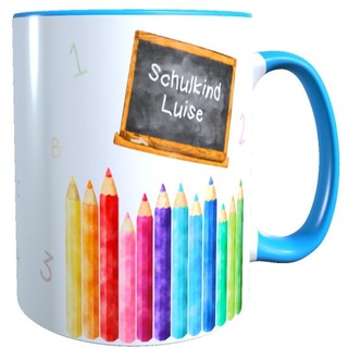 minimutz Tasse Kinder Einschulung Schulkind mit Name | Personalisierter Trinkbecher Stiftehalter Keramik Mädchen Jungen Schulanfang 1. Klasse Buntstifte (hellgrün)