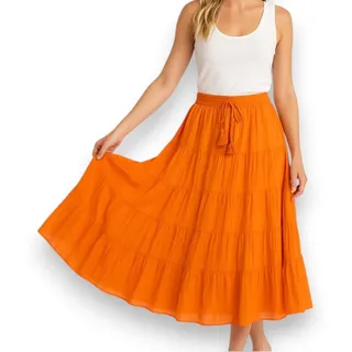 Ziona Stufenrock Damen lang Sommer – Maxirock aus 100 % Viskose, weich & luftig – Made in Italy (DE/NL/SE/PL, Alphanumerisch, Einheitsgröße, Regular, Regular, Orange) - Einheitsgröße