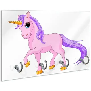 Wallario Schlüsselbrett Einhorn in rosa mit Schweif in lila, (inkl. Aufhängeset), 30x20cm, aus ESG-Sicherheitsglas