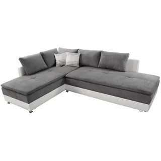luma-home Ecksofa-Dauerschläfer, Grau, Weiß Textil, 4-Sitzer, Füllung: Kaltschaum, L-Form, Ottomane rechts, Eckteil,L-Form, 306x223 cm Wohnzimmer, Sofas / 15104