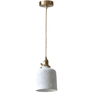 WLBHWL Keramik Pendelleuchte Nordic Vintage Mid Century Modern Hängelampe Weiß Aushöhlen Keramikschirm Messing Finish Decke Pendelleuchte Für Nachttisch Esszimmer Küche Insel