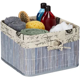Relaxdays Aufbewahrungskorb, Bambus & Polyester, HBT: 20 x 31 x 31 cm, Körbchen mit Griffloch, Regalkorb, grau/creme