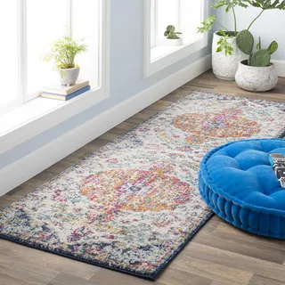 Livabliss Asmara Vintage Teppich 80x220 cm – Boho Kurzflor für Wohnzimmer & Esszimmer – buntes Muster in Blau & Orange