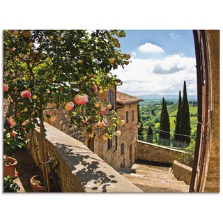 Glasbilder Wandbild Glas Bild einteilig 80x60 cm Querformat Toskana Italien Natur Landschaft Garten Rosen Balkon Ausblick Sommer T4QS ARTland