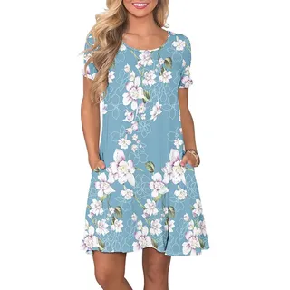 AUSELILY Damen Kleider Sommer Kurzarm Shirtkleider Kurz Sommerkleider Leicht Freizeitkleid mit Taschen Blumen Hellblau XL - XL